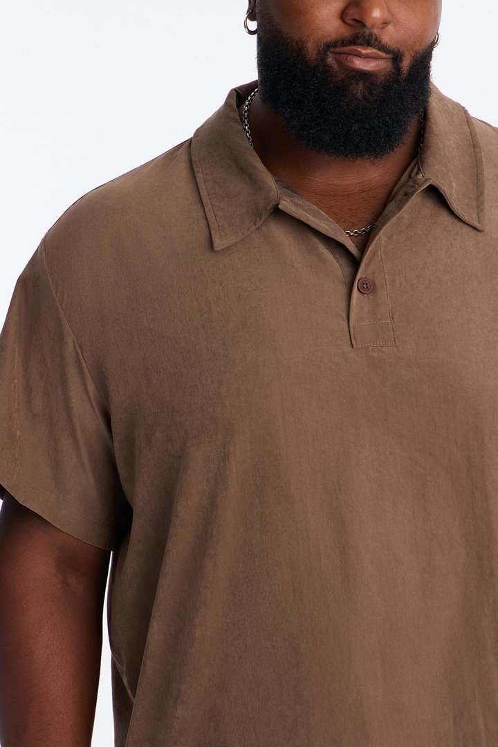 Neo Faux Suede Short Sleeve Polo - Brown