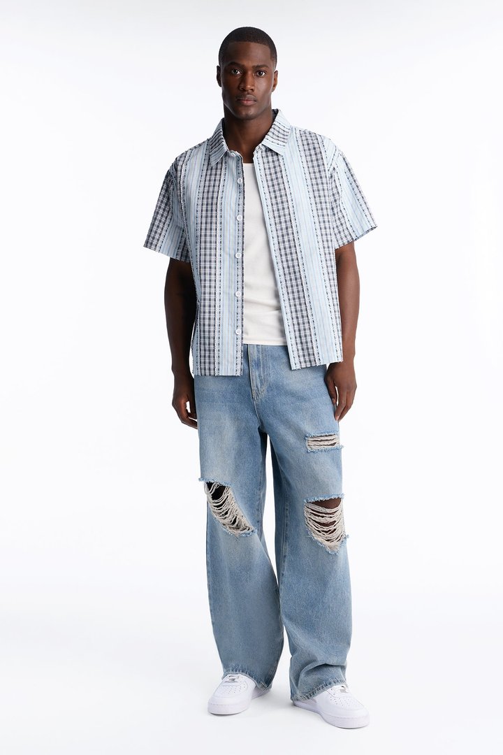 Plaid Dual Toned Button Up Shirt - Blue/combo