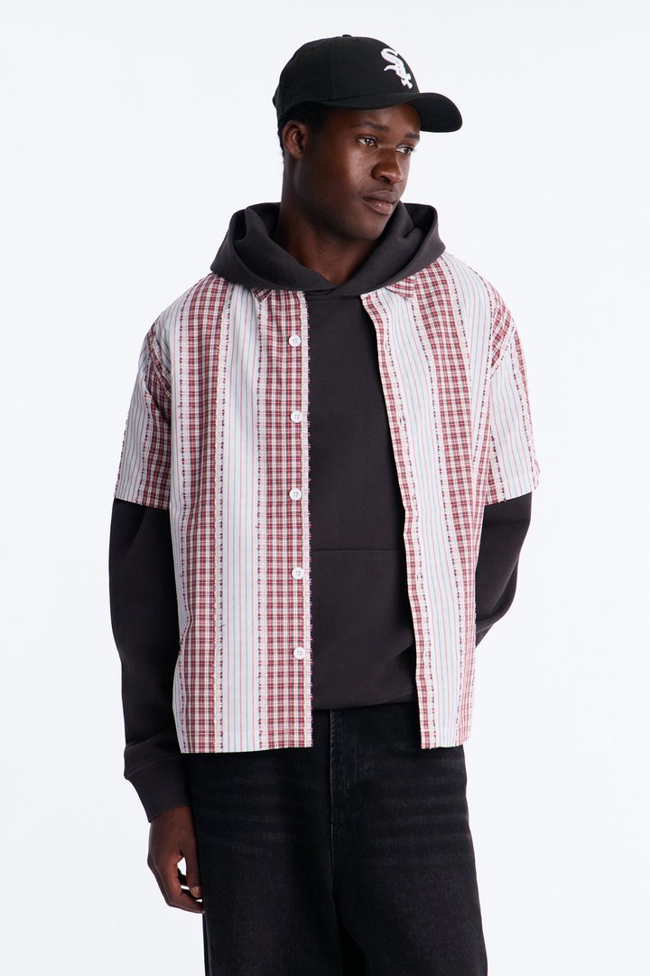 Plaid Dual Toned Button Up Shirt - Red/combo