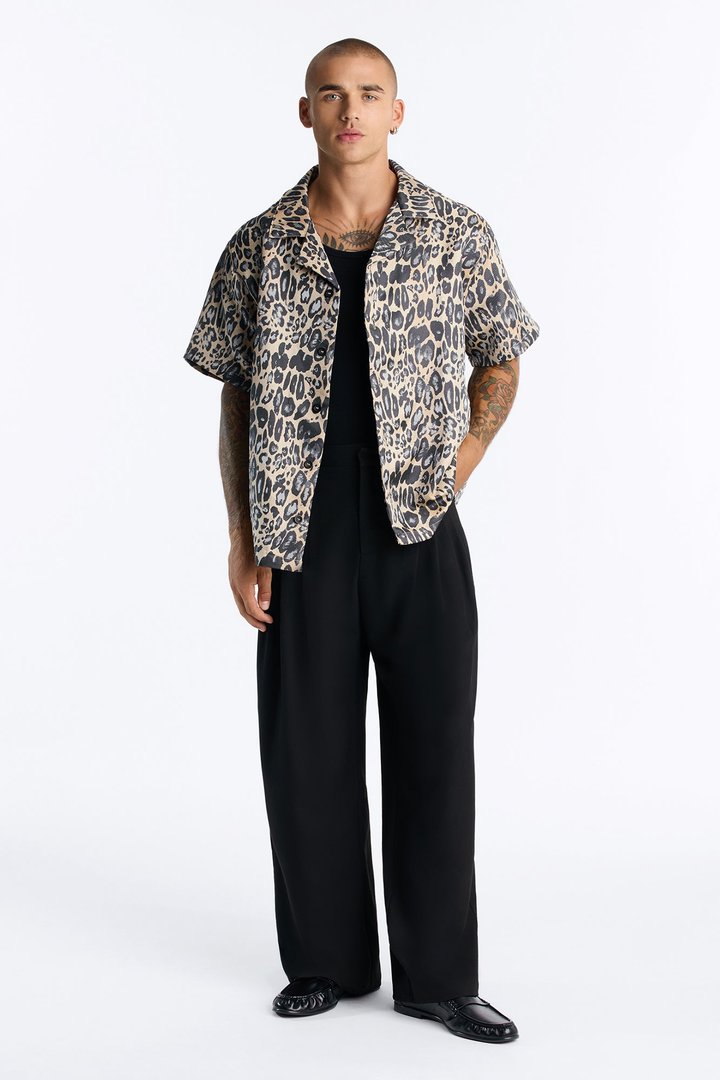 Onyx Leopard Cuban Collar Button Up Shirt - Khaki/combo