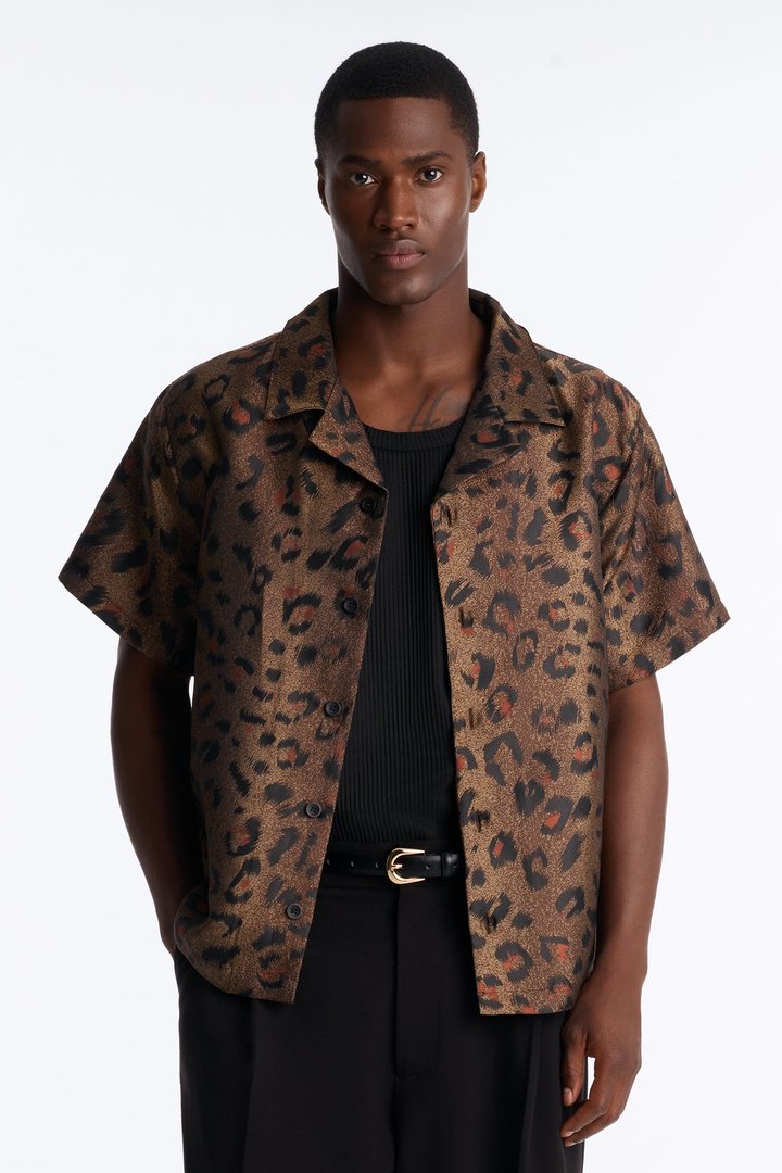Dune Leopard Cuban Collar Button Up Shirt - Brown/combo