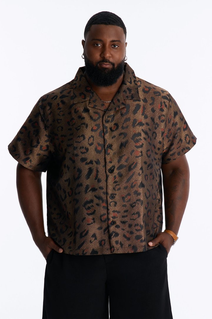 Dune Leopard Cuban Collar Button Up Shirt - Brown/combo