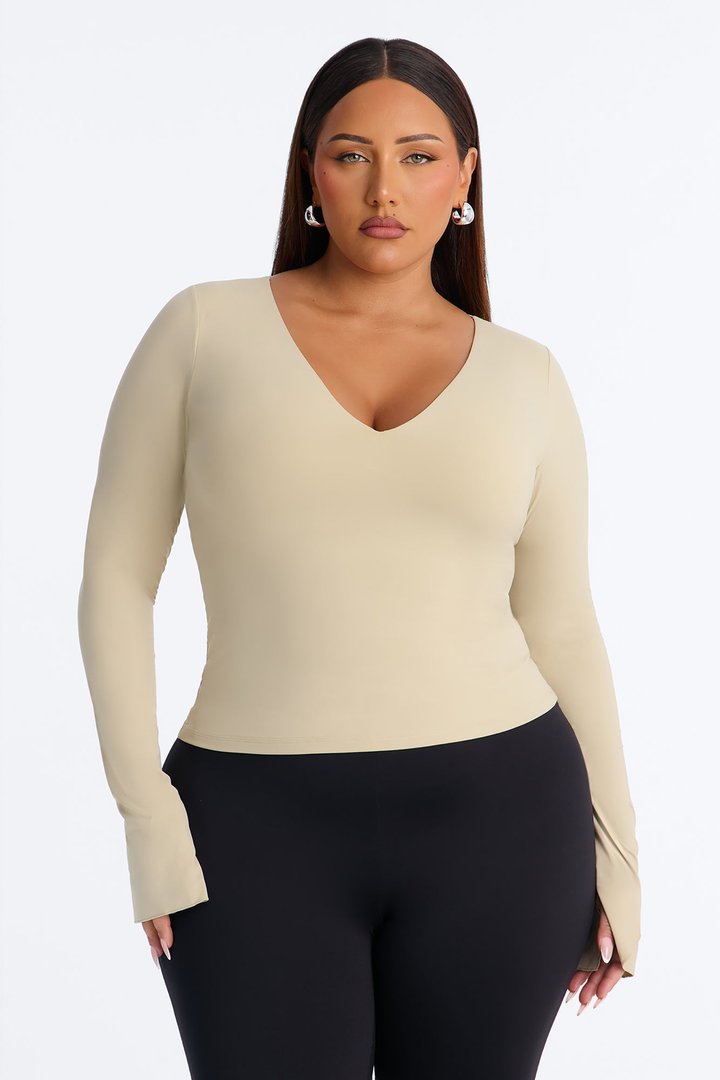 Second Skin Deep U Neck Long Sleeve Top - Stone