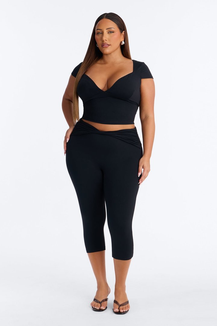 Second Skin Double Lined Bra Pad V Neck Cap Sleeve Top - Black