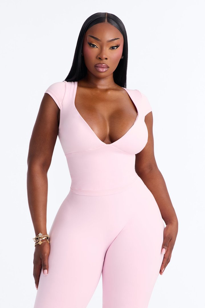 Second Skin Double Lined Bra Pad V Neck Cap Sleeve Top - Light Pink