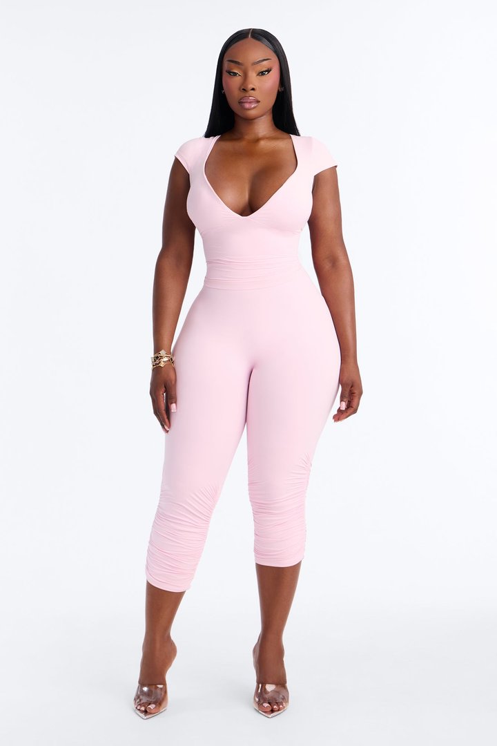 Second Skin Double Lined Bra Pad V Neck Cap Sleeve Top - Light Pink