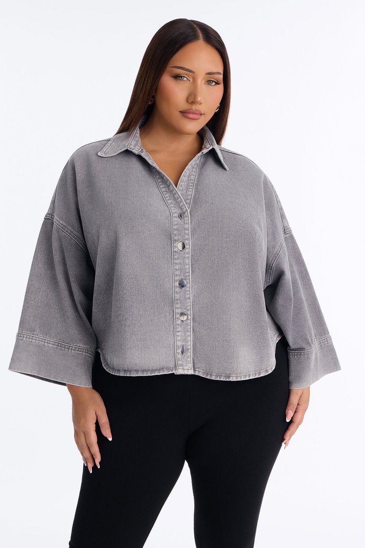 Fit Secured Oversized Denim Shirt - Charcoal