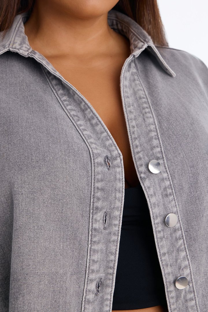 Fit Secured Oversized Denim Shirt - Charcoal