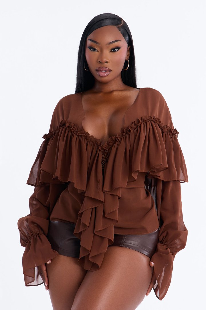 Golden Aura Sheer Ruffle Chiffon Top - Brown