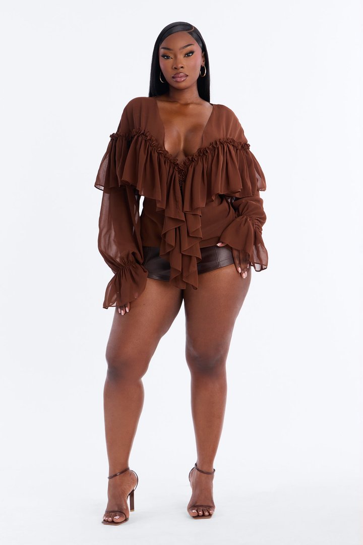 Golden Aura Sheer Ruffle Chiffon Top - Brown
