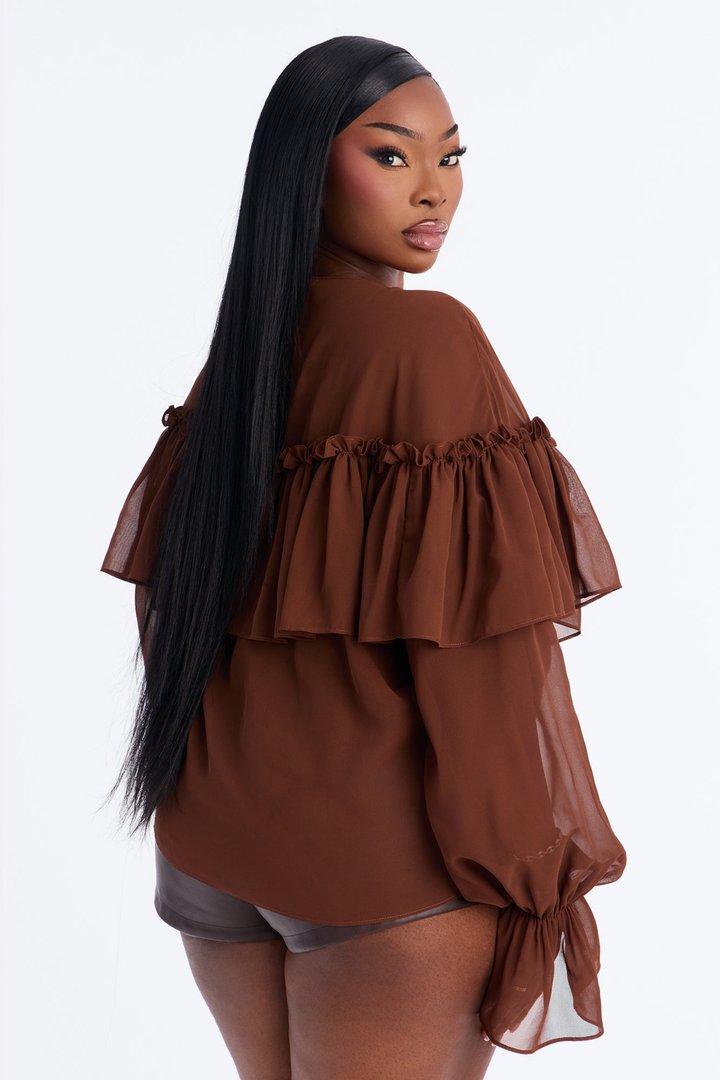 Golden Aura Sheer Ruffle Chiffon Top - Brown