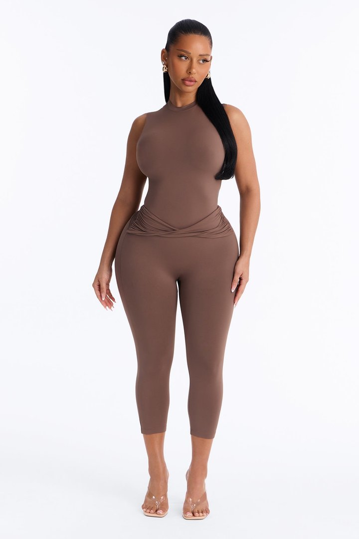 Second Skin Double Lined Mock Neck Sleeveless Bodysuit - Brown