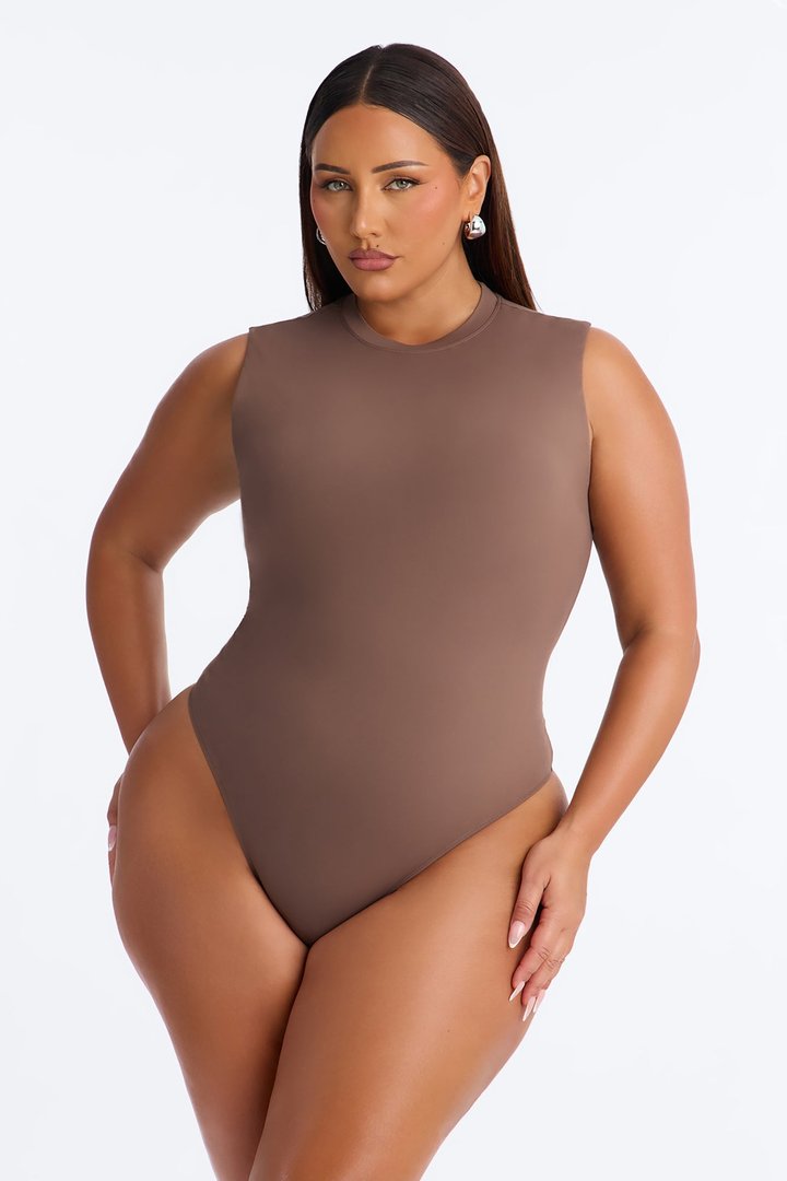 Second Skin Double Lined Mock Neck Sleeveless Bodysuit - Brown