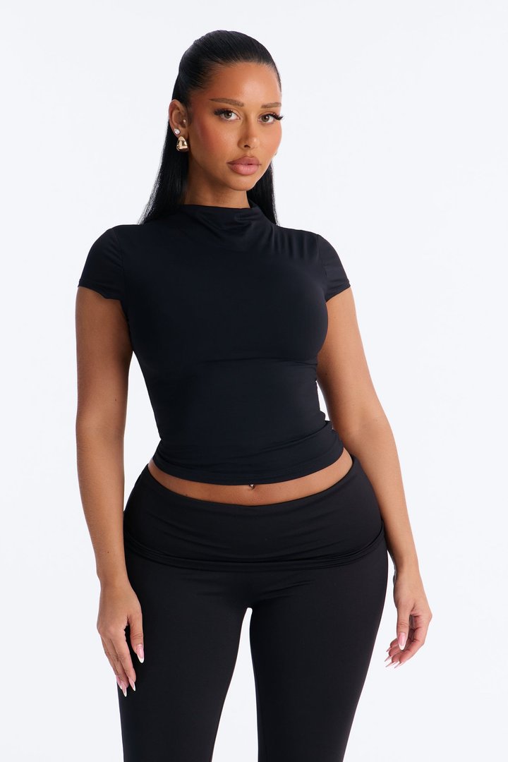 Second Skin Double Lined Mock Neck Short Sleeve Top - Black