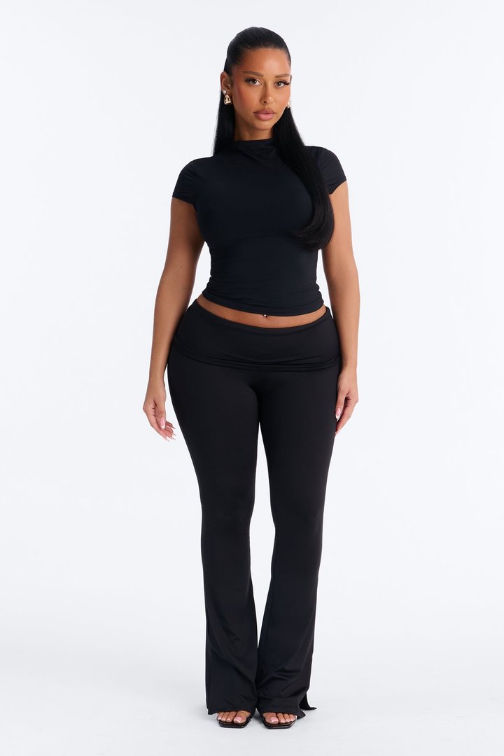 Second Skin Double Lined Mock Neck Short Sleeve Top - Black