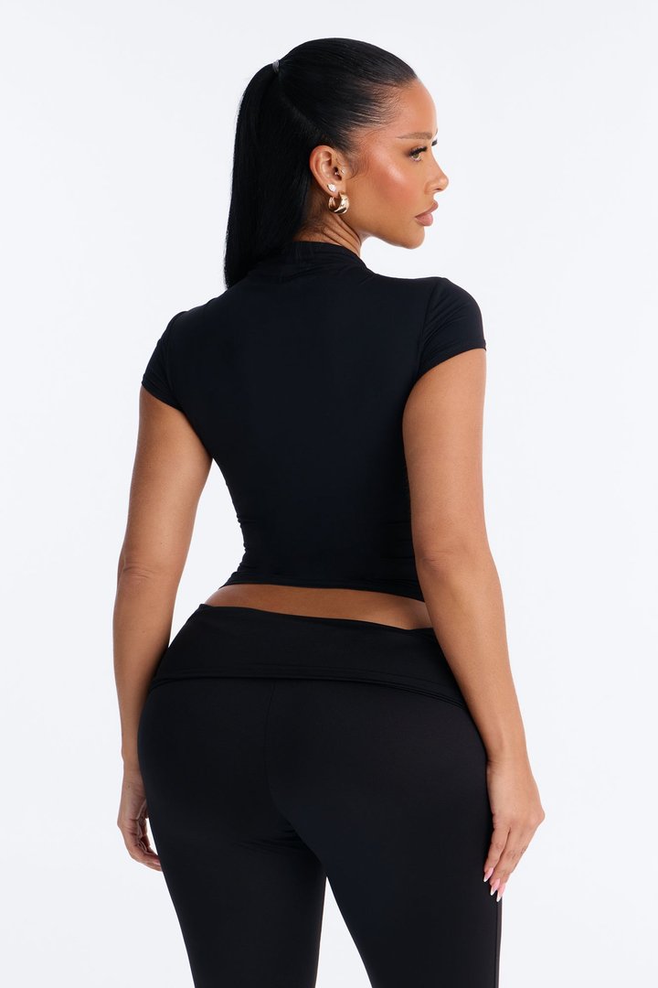 Second Skin Double Lined Mock Neck Short Sleeve Top - Black