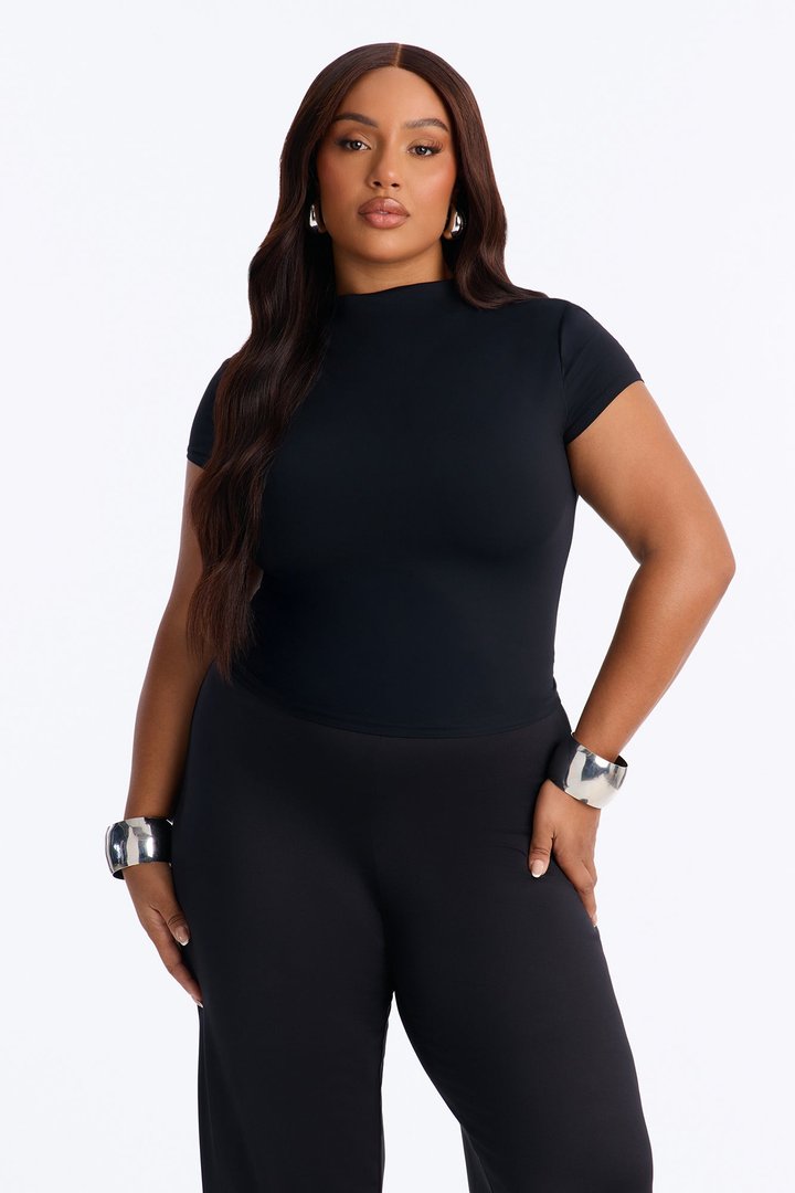 Second Skin Double Lined Mock Neck Short Sleeve Top - Black