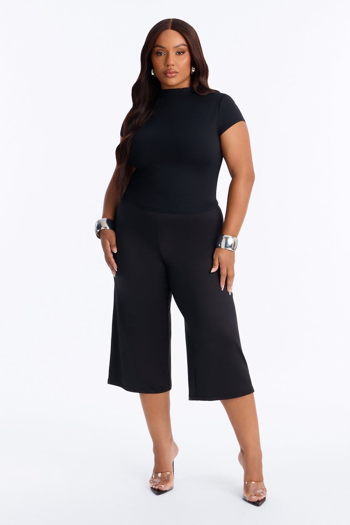 Second Skin Double Lined Mock Neck Short Sleeve Top - Black