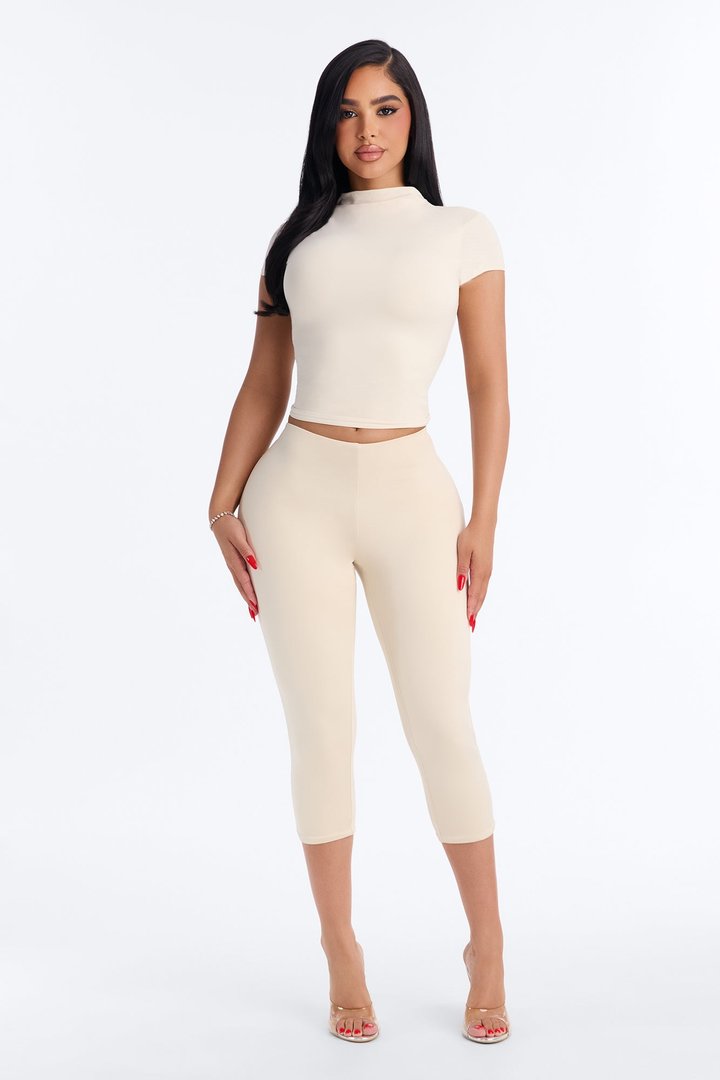 Second Skin Double Lined Mock Neck Short Sleeve Top - Bone