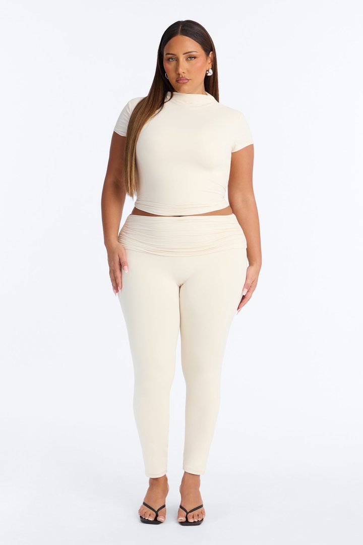 Second Skin Double Lined Mock Neck Short Sleeve Top - Bone