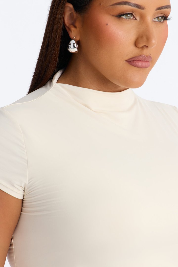 Second Skin Double Lined Mock Neck Short Sleeve Top - Bone