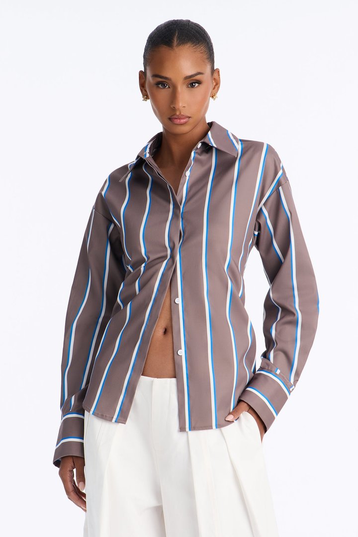 Elevated Fun Tie Back Striped Poplin Shirt - Brown/combo