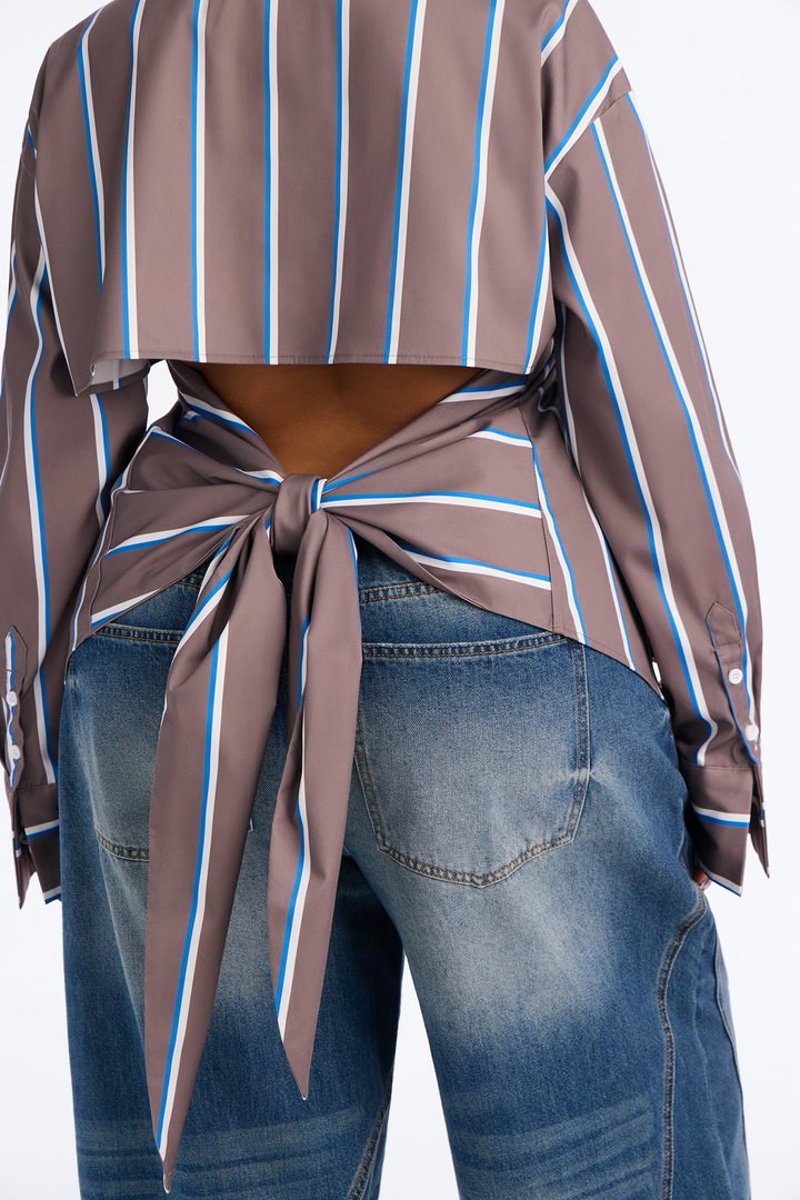 Elevated Fun Tie Back Striped Poplin Shirt - Brown/combo