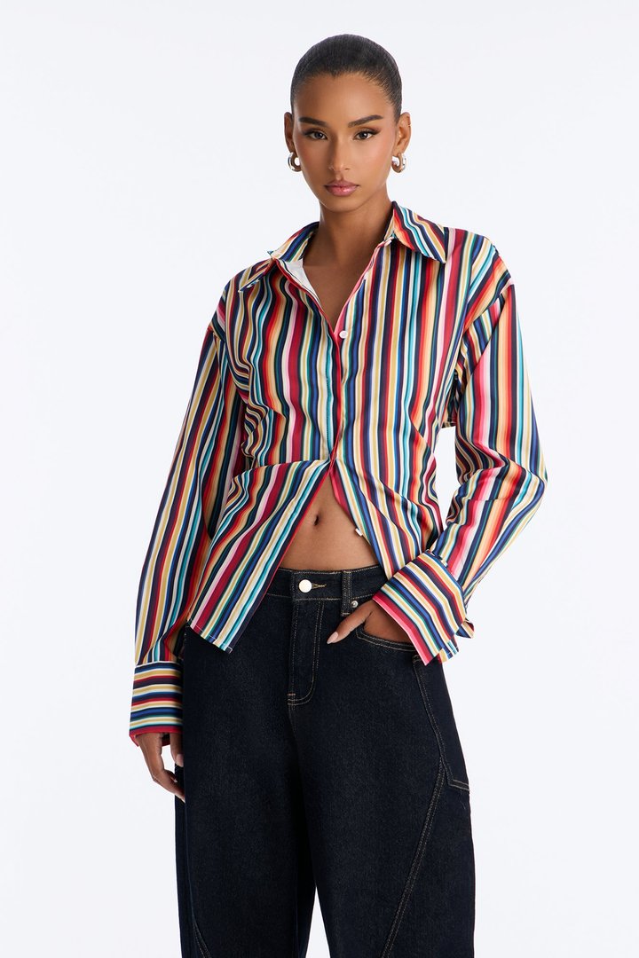 Elevated Fun Tie Back Striped Poplin Shirt - Multi Color