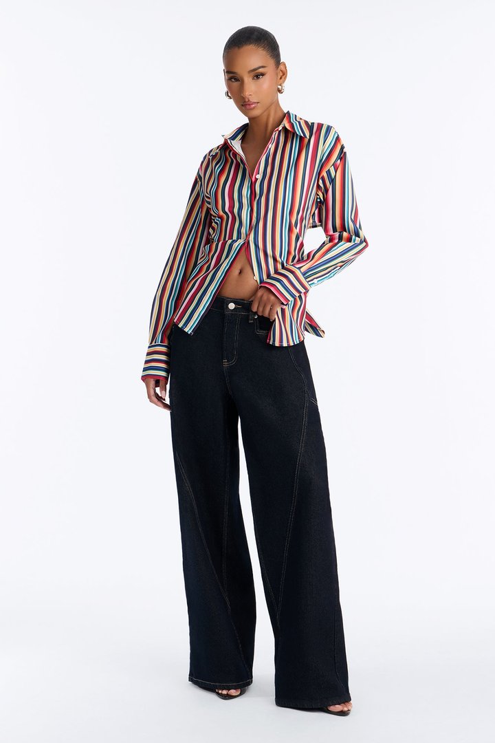 Elevated Fun Tie Back Striped Poplin Shirt - Multi Color
