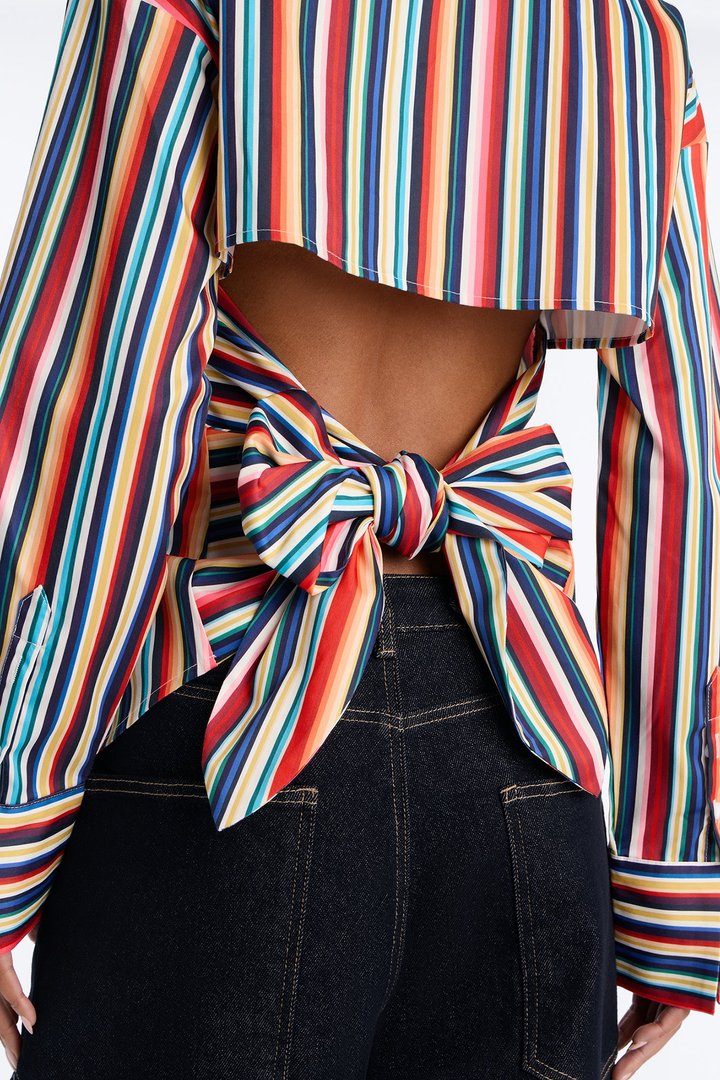 Elevated Fun Tie Back Striped Poplin Shirt - Multi Color