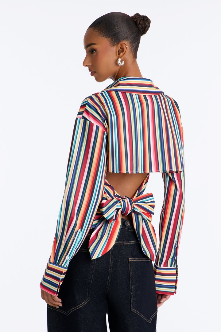 Elevated Fun Tie Back Striped Poplin Shirt - Multi Color