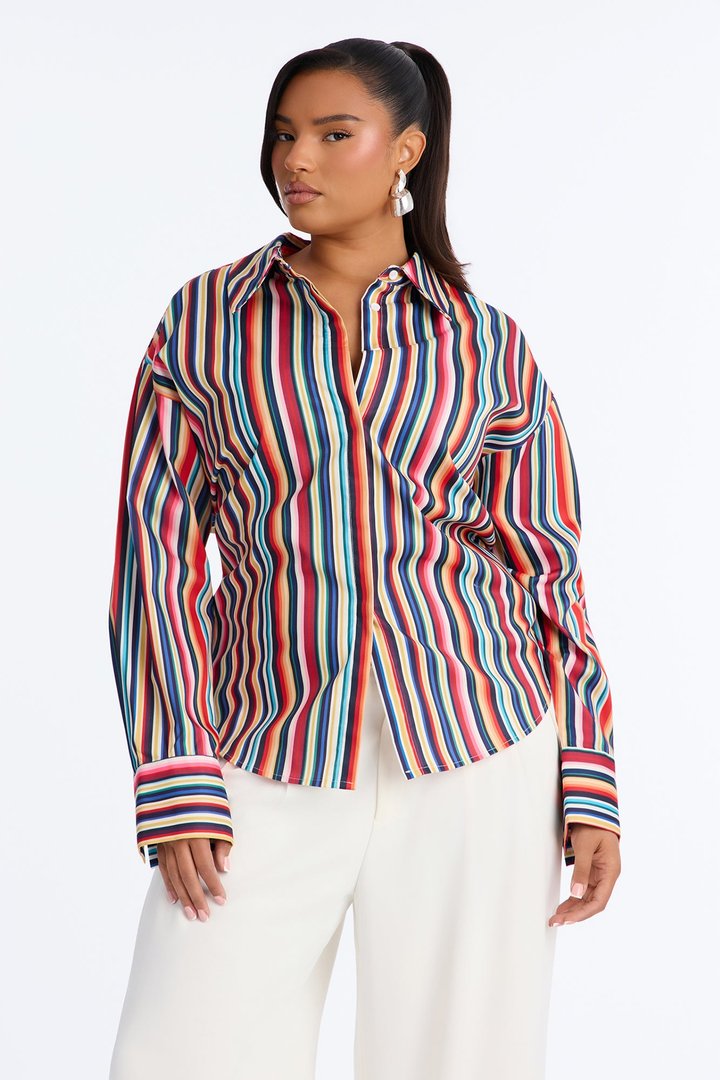 Elevated Fun Tie Back Striped Poplin Shirt - Multi Color