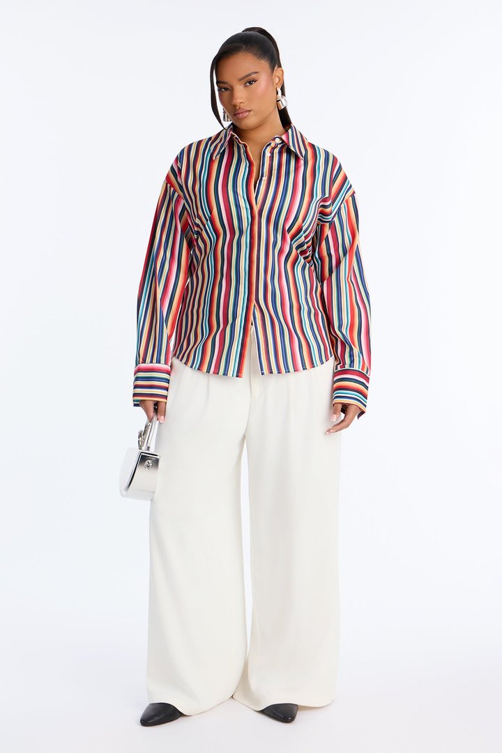 Elevated Fun Tie Back Striped Poplin Shirt - Multi Color