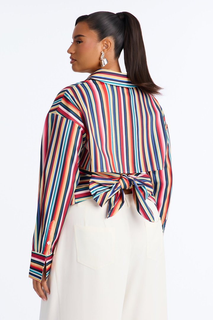 Elevated Fun Tie Back Striped Poplin Shirt - Multi Color