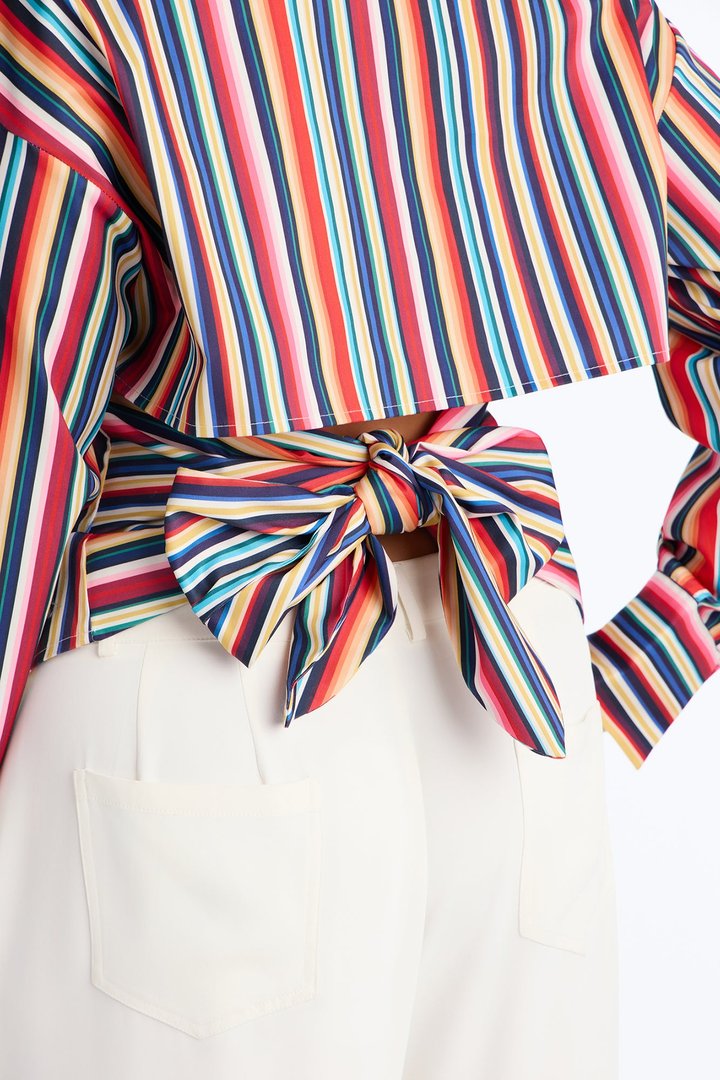 Elevated Fun Tie Back Striped Poplin Shirt - Multi Color