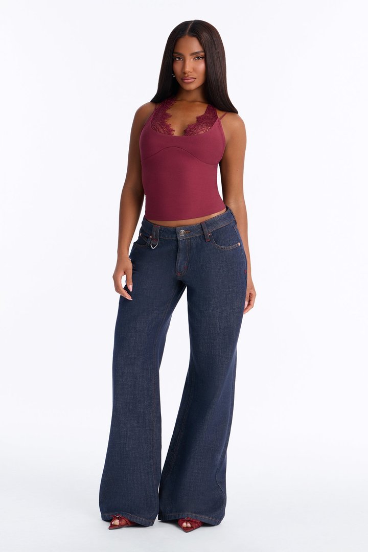 Kaylani Lace Trim Halter Top - Burgundy