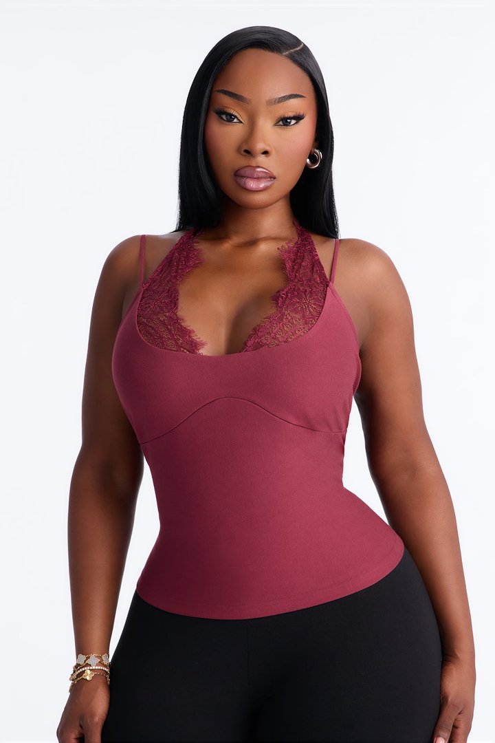 Kaylani Lace Trim Halter Top - Burgundy