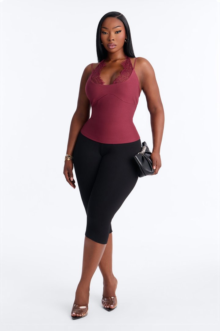 Kaylani Lace Trim Halter Top - Burgundy