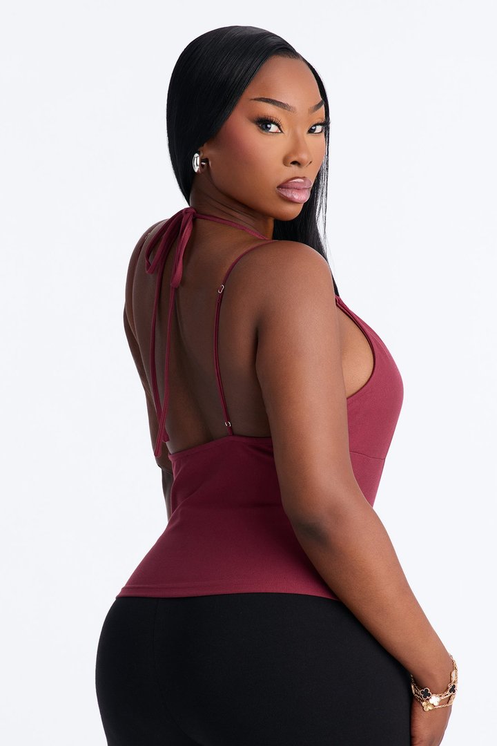 Kaylani Lace Trim Halter Top - Burgundy