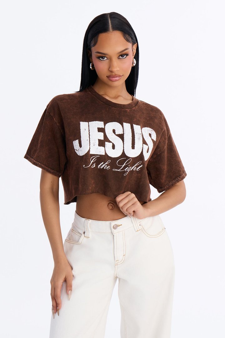 Jesus Is The Light Washed Cropped Tee - Brown