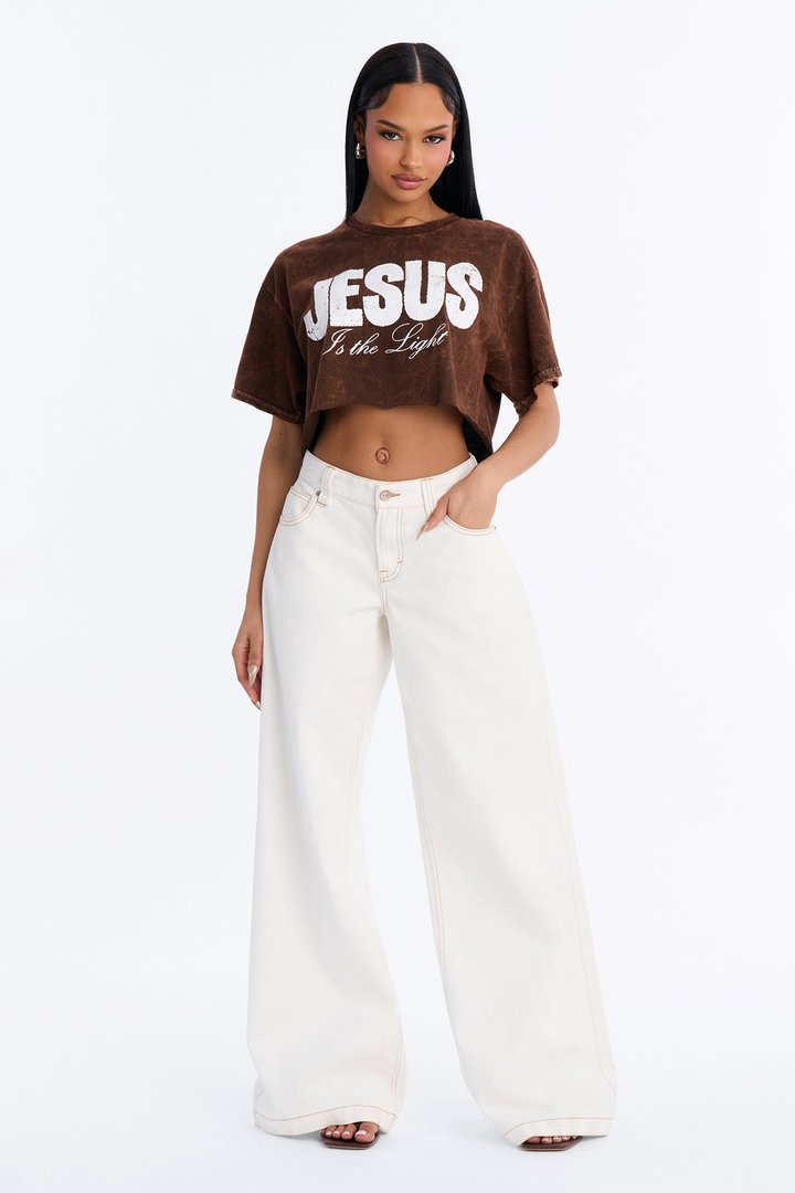 Jesus Is The Light Washed Cropped Tee - Brown