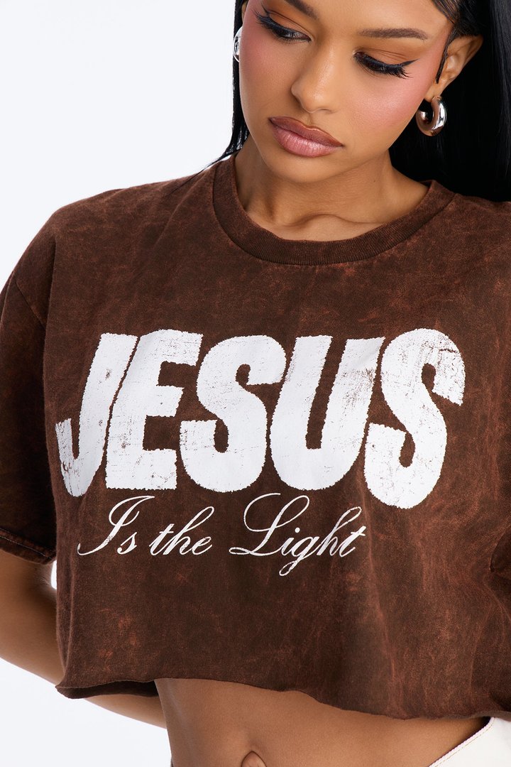 Jesus Is The Light Washed Cropped Tee - Brown