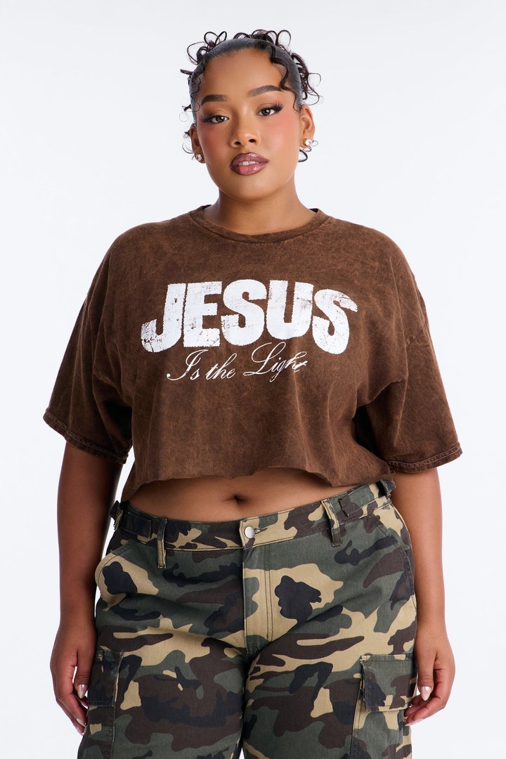 Jesus Is The Light Washed Cropped Tee - Brown