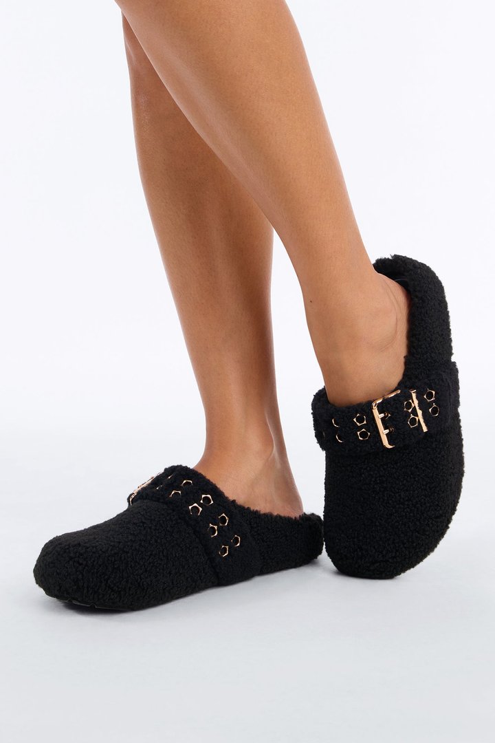 Collie Buckle Sherpa Flats - Black