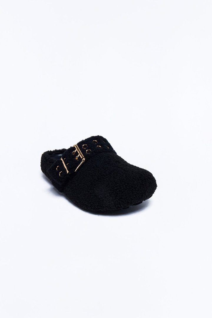 Collie Buckle Sherpa Flats - Black
