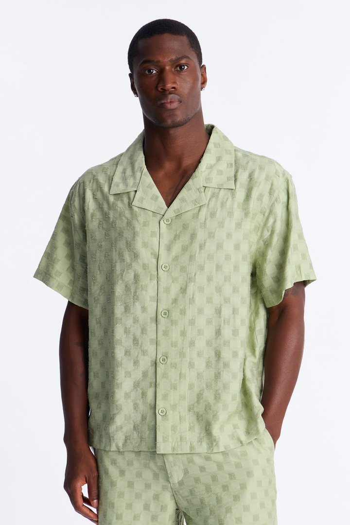 Textured Checkered Cuban Collar Button Up Shirt - Sage