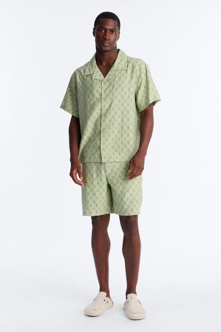 Textured Checkered Cuban Collar Button Up Shirt - Sage