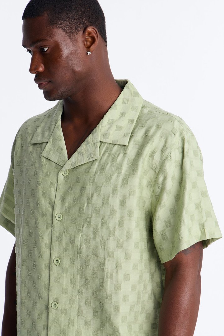 Textured Checkered Cuban Collar Button Up Shirt - Sage