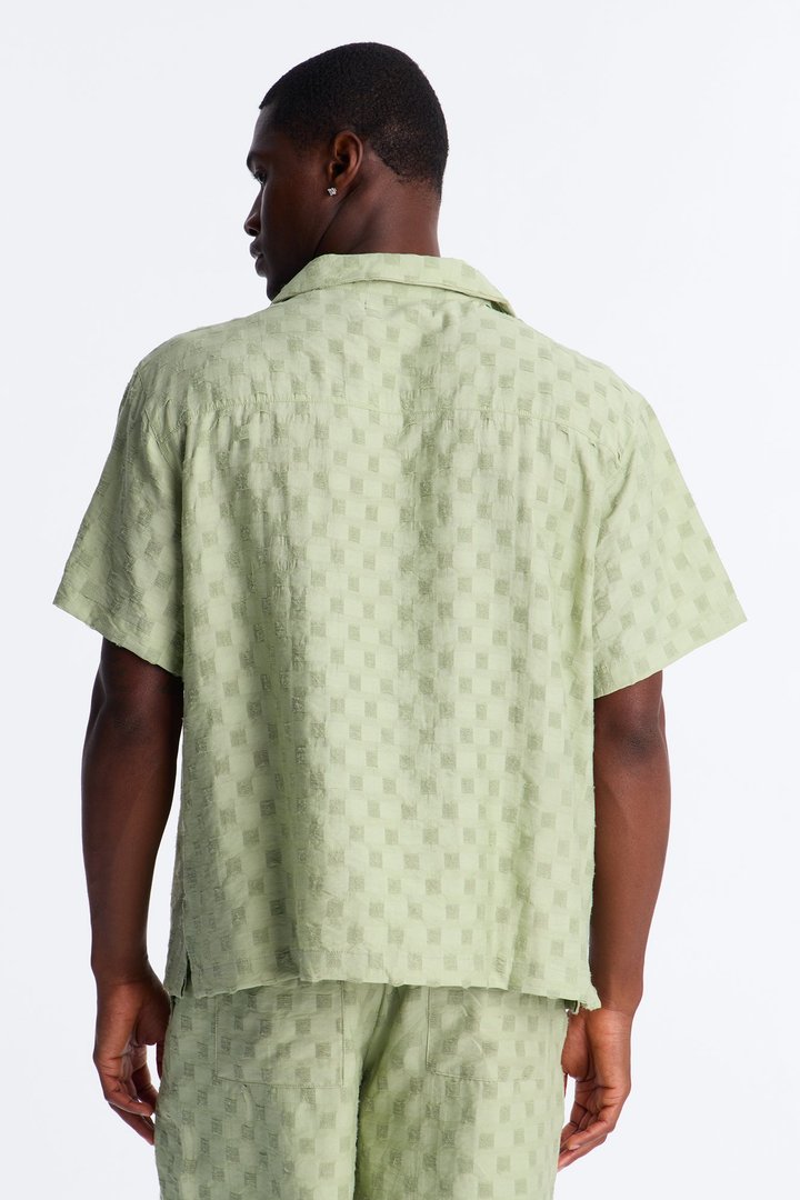 Textured Checkered Cuban Collar Button Up Shirt - Sage