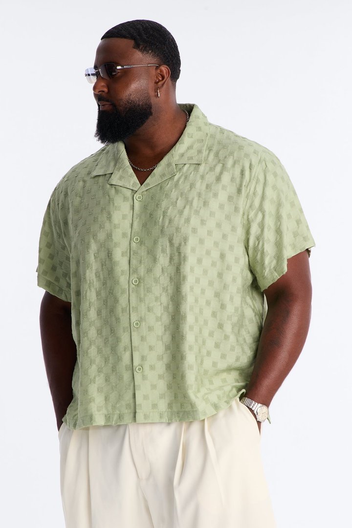Textured Checkered Cuban Collar Button Up Shirt - Sage